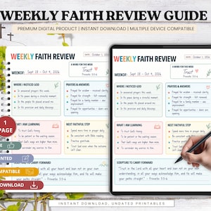 May include: A digital Weekly Faith Review guide template featuring sections for weekly dates, a word for the week, where I noticed God, prayers and answers, what I am learning, next faithful step, and scripture to carry forward with text.