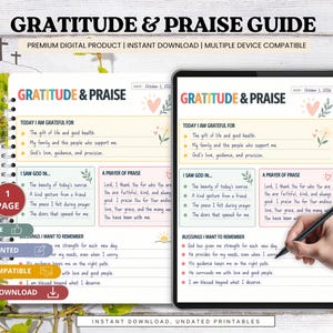 Può includere: Una guida digitale Gratitude & Praise che mostra due pagine con sezioni per la gratitudine quotidiana, osservazioni di Dio, preghiere e benedizioni. Il layout include testo colorato, illustrazioni di cuori e fiori e righe per scrivere.
