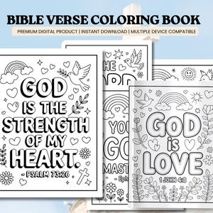 Può includere: Un libro da colorare con versetti biblici contenente pagine in bianco e nero con testi come God Is The Strength Of My Heart Psalm 73:26 e God Is Love 1 John 4:8. I disegni includono contorni di colombe, arcobaleni, cuori e fiori sulle pagine.
