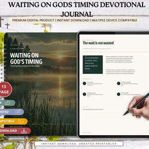 以下が含まれることがあります： Waiting on God's Timingというタイトルのデジタルデボーションジャーナル。日の出の湖と森の風景が表紙に描かれています。ジャーナルには13ページが含まれ、The wait is not wastedなどのテキストがあり、タブレット画面に表示されています。