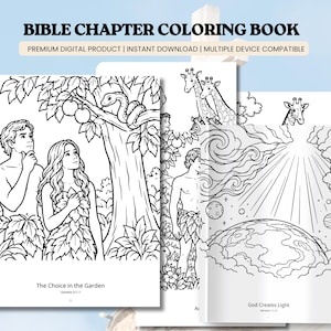 Peut inclure: Un livre de coloriage sur les chapitres de la Bible à reliure spirale avec des illustrations en noir et blanc. Les pages présentent des scènes incluant Adam et Ève dans le jardin, des girafes et la création de la lumière avec le texte The Choice in the Garden et God Creates Light.