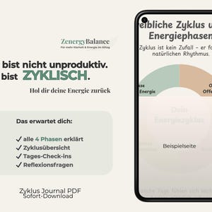 Könnte beinhalten: Ein Bild eines Smartphones, das ein Zyklusdiagramm anzeigt, neben dem Text: „Du bist nicht unproduktiv. Du bist ZYKLISCH.“ Das Bild wirbt für ein Journal mit Erklärungen der 4 Phasen, Zyklusübersicht, Tages-Check-ins und Reflexionsfragen.