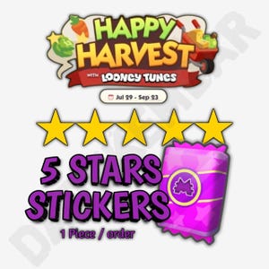 May include: A digital graphic featuring the Happy Harvest with Looney Tunes logo, a calendar date range of Jul 29 - Sep 23, five yellow stars, the text 5 STARS STICKERS, 1 Piece / order, and a pink rectangular sticker pack with a purple circular icon.