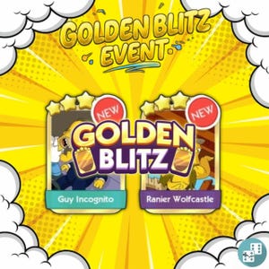 Puede incluir: Un gráfico digital para un evento Golden Blitz con dos tarjetas de juego rectangulares con iconos de estrellas amarillas y etiquetas rojas New. Las tarjetas muestran el texto Guy Incognito y Ranier Wolfcastle sobre un fondo amarillo brillante.