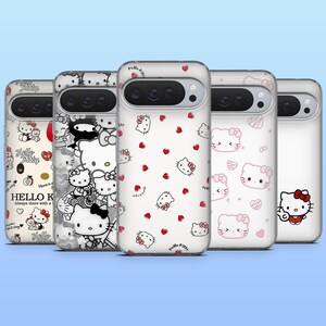 May include: A collection of phone cases featuring Hello Kitty designs. The cases showcase various patterns, including the iconic character, hearts, and text. The color palette includes white, red, black, and pink, creating a playful and recognizable aesthetic.