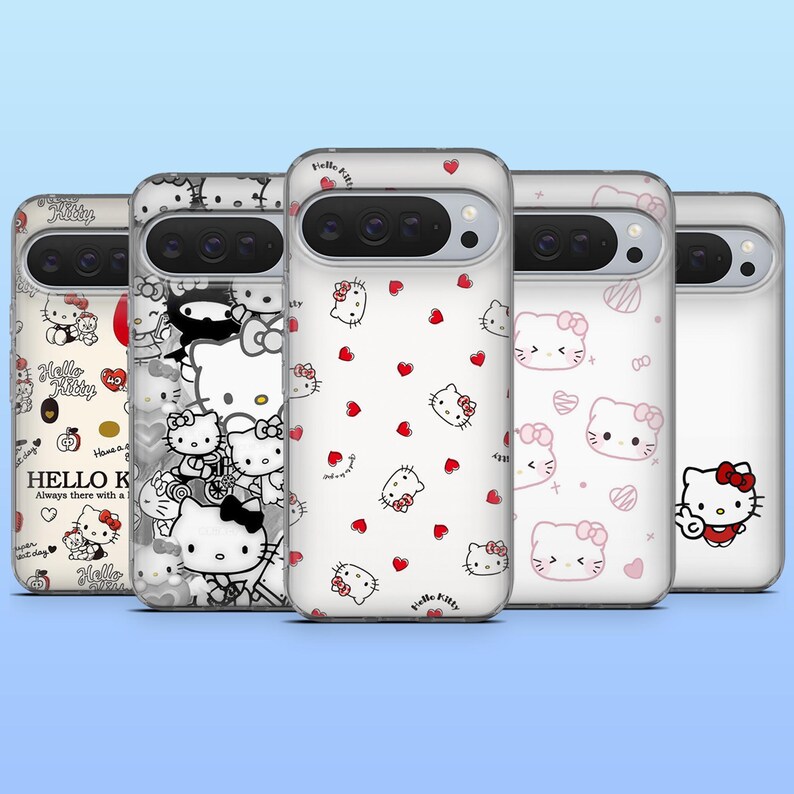 May include: A collection of phone cases featuring Hello Kitty designs. The cases showcase various patterns, including the iconic character, hearts, and text. The color palette includes white, red, black, and pink, creating a playful and recognizable aesthetic.