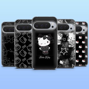 May include: A collection of black phone cases featuring Hello Kitty designs. The cases display various patterns, including repeating Hello Kitty faces, bows, and stars. One case has a centered Hello Kitty graphic with the text "Hello Kitty".