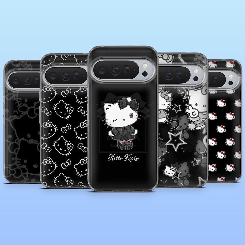 May include: A collection of black phone cases featuring Hello Kitty designs. The cases display various patterns, including repeating Hello Kitty faces, bows, and stars. One case has a centered Hello Kitty graphic with the text "Hello Kitty".