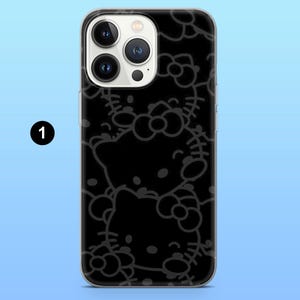 May include: Black phone case featuring a repeating pattern of a cartoon cat with a bow. The case has a clear border and a triple-lens camera cutout. The design is a dark gray on a black background.