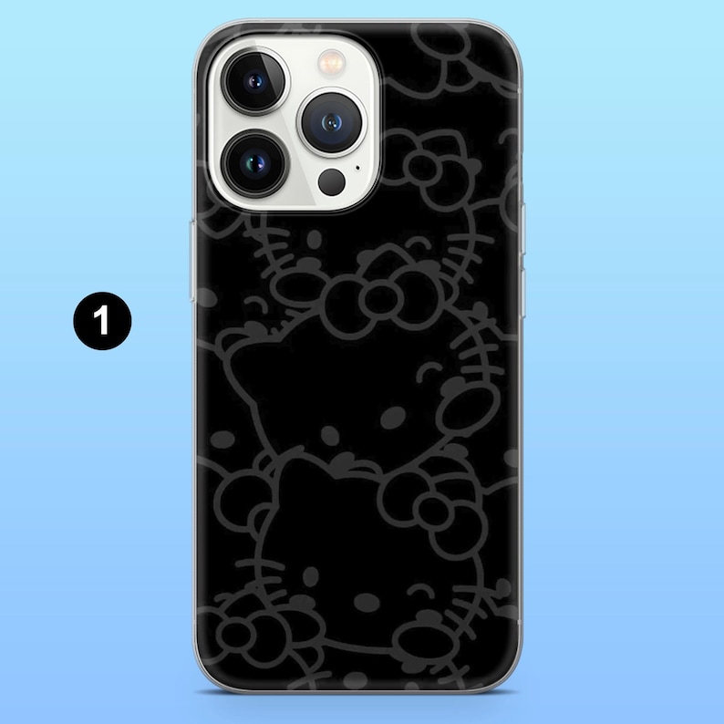 May include: Black phone case featuring a repeating pattern of a cartoon cat with a bow. The case has a clear border and a triple-lens camera cutout. The design is a dark gray on a black background.