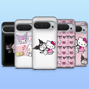 May include: Five phone cases with different designs featuring cartoon characters. The cases are white with various graphics, including a black cat, a purple character, and Hello Kitty. The cases are arranged in a row against a light blue background.
