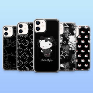 May include: A collection of five black phone cases featuring Hello Kitty designs. The cases display various patterns, including repeating Hello Kitty faces, bows, and a central case with a Hello Kitty illustration and the text "Hello Kitty".