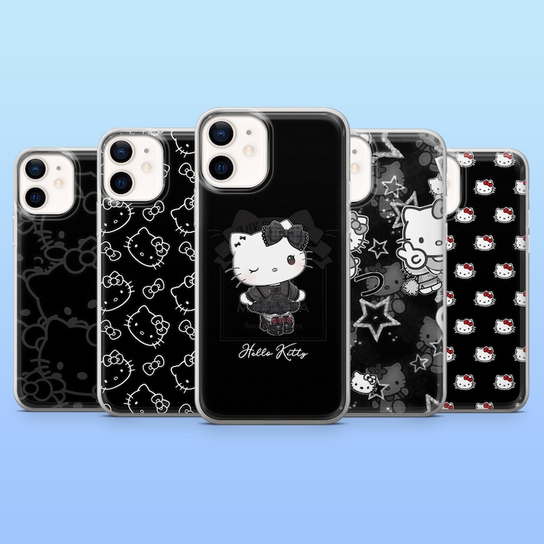May include: A collection of five black phone cases featuring Hello Kitty designs. The cases display various patterns, including repeating Hello Kitty faces, bows, and a central case with a Hello Kitty illustration and the text "Hello Kitty".