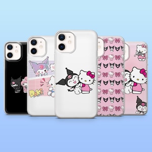 May include: A collection of five phone cases featuring cartoon characters. The cases display various designs, including Hello Kitty and other characters in pink, black, and white. The cases are on a light blue background.