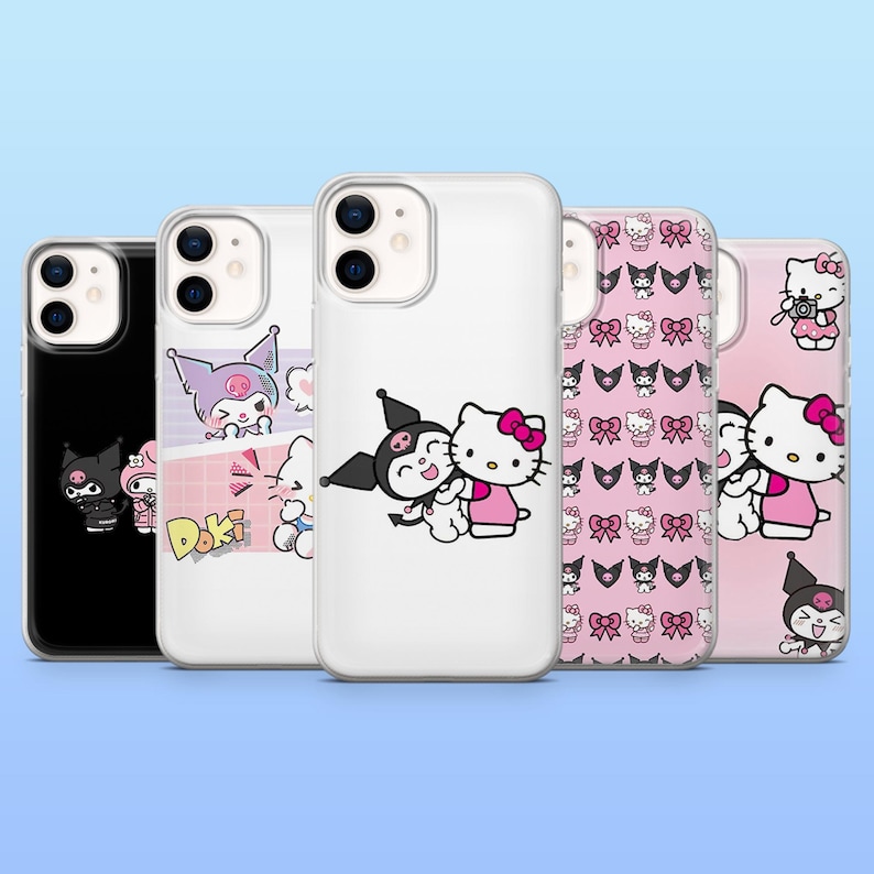 May include: A collection of five phone cases featuring cartoon characters. The cases display various designs, including Hello Kitty and other characters in pink, black, and white. The cases are on a light blue background.