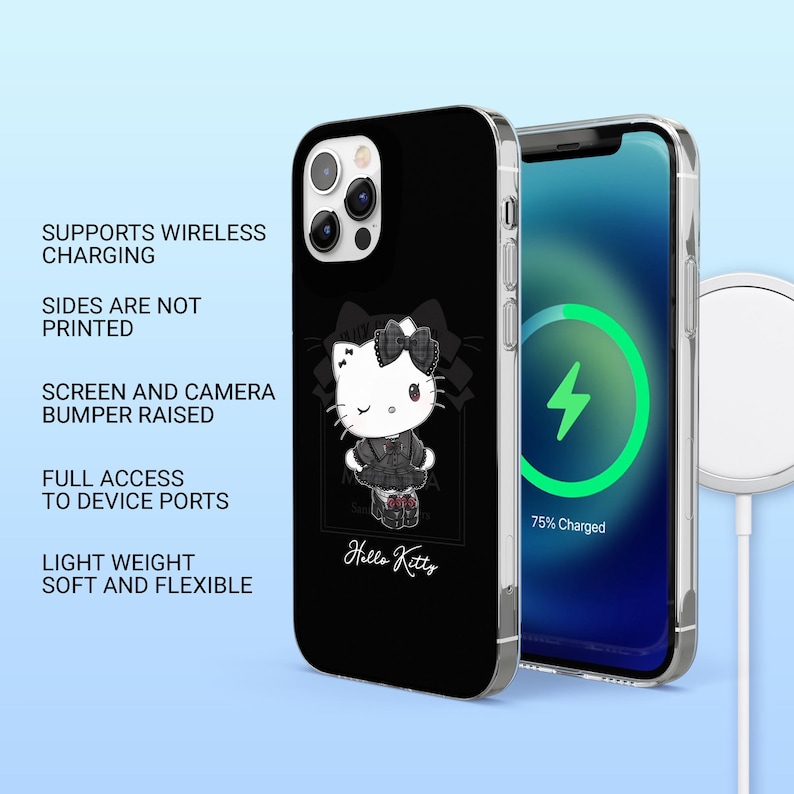 May include: Black phone case featuring a Hello Kitty design. The case has a black background with a white Hello Kitty graphic and the text "Hello Kitty". The phone screen shows a charging symbol. The case supports wireless charging and has full access to device ports.