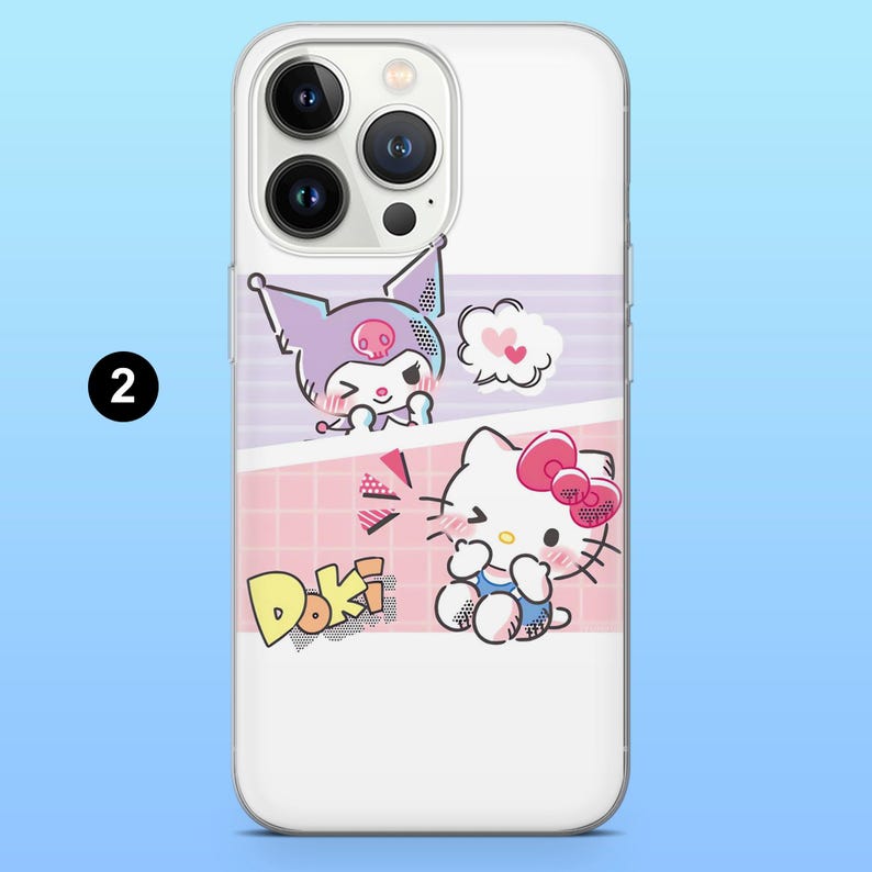 May include: Clear phone case featuring cartoon characters Kuromi and Hello Kitty. Kuromi is purple with a skull on its head, and Hello Kitty has a pink bow. The word "Doki" is printed in yellow.