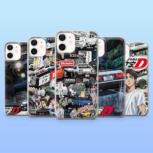 May include: Five clear phone cases with anime-style designs. The cases feature cars, characters, and Japanese text. They have a glossy finish and are designed to fit various phone models.