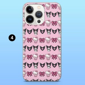 May include: Pink phone case featuring a repeating pattern of cartoon characters, including a white cat with a pink bow and a black bat-like character. The case has a camera cutout and the number 4 in a white circle.