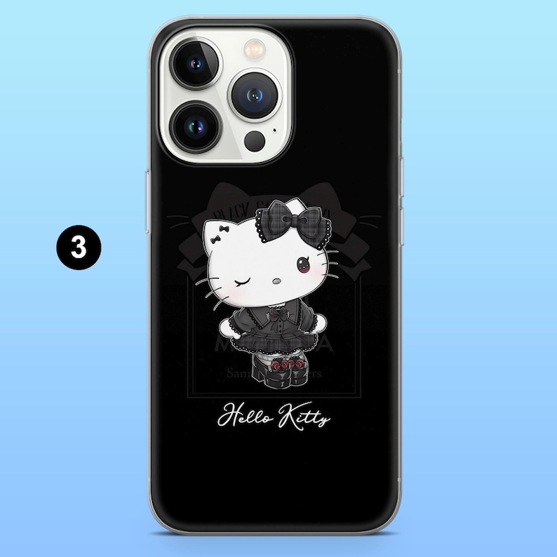 May include: Black phone case featuring a Hello Kitty design. The design includes a white Hello Kitty character wearing a black dress and bow. The words "Hello Kitty" are written in cursive at the bottom of the case.