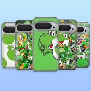 May include: A collection of five phone cases featuring the character Yoshi from the Super Mario video game series. The cases are primarily green, with various designs including Yoshi's face, polka dots, and other game-related graphics.