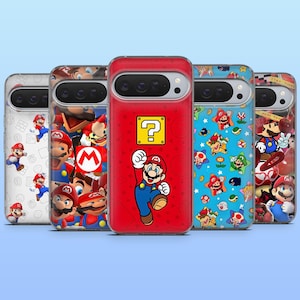 May include: Five phone cases featuring colorful designs of the video game character Mario. The cases have a variety of backgrounds, including red, blue, and white, with images of Mario and other characters from the game.