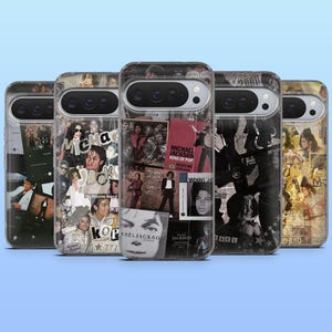 May include: Five phone cases showcasing a collage of images and text related to Michael Jackson. The cases feature photos, album art, and the text "Michael Jackson King of Pop". The cases have a clear, protective design.