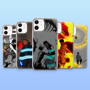 May include: A collection of five phone cases featuring anime-style illustrations. The cases showcase various characters in dynamic poses, with a range of colors including black, red, yellow, and blue. Each case has a clear border.