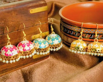 Jhumka For Women Ethnic Meenakari Traditional Enamel Pearl Jhumki Earrings Set  Women And Girls | Multi-Colour | Anniversary Birth