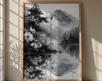 Schwarzweiße japanische Landschaft, Kunstdruck, Sumi-e Stil Berg und See Poster, minimalistische Zen Natur Wanddekoration, Monochrome Tinte Geschenk