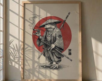 Samurai Frosch Wandkunst, Japanische Kröte Poster, Zen Tier Kunstdruck, rauchende Frosch Illustration, japanische rote Sonne Dekor, Bushido Krieger Kunst