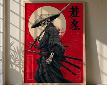 Skelett Samurai Wandkunst, Japanischer Schädel Krieger Poster, Bushido Zen Dekor, Rote Sonne Japan Kunstdruck, Goth Oriental Poster, Katana Schädel Kunst