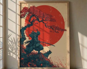 Samurai und Wolf Wandkunst, Japanischer Krieger Poster, Zen Bushido Kunstdruck, Rote Sonne Japan Dekor, minimalistische Ronin Illustration, Katana Kunst