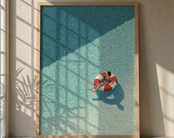 Frau am Pool Kunstdruck, Frau auf Rettungsring Poster, Minimalistische Schwimmbad Wand Dekoration, Ästhetische Blaugrüne Wasser Illustration, Sommer Geschenk