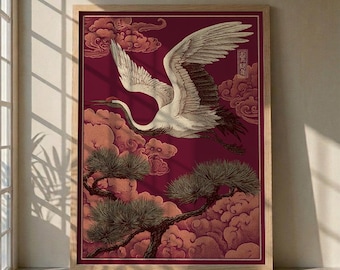 Japanischer Kranich und Kiefer Baum Art Print, Traditionelle Orientalische Vogel Poster, Zen Rote Wolken Wand dekor, Vintage Asiatische Landschaft Druck, Geschenk Art