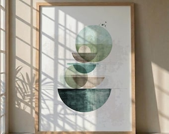 Minimalistische abstrakte Wandkunst, Geometrische Formen Poster, moderner Mid Century Druck, Zen Wohndekor, türkises und beiges Kunst, abstraktes Sonnenbild
