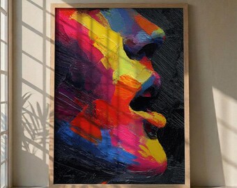 Abstraktes Gesichts-Ölgemälde, buntes pastoses Porträt, lebendige Palettenmesserkunst, moderne Wanddekoration, expressionistisches Plakat, mutige bunte Kunst