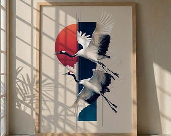 Japanischer Kranich Wandkunst, Rote Sonne Poster, Minimalistischer Vogel Druck, Asiatische Natur Illustration, Moderne Orientalische Dekoration, Rot gekrönter Kranich Kunst