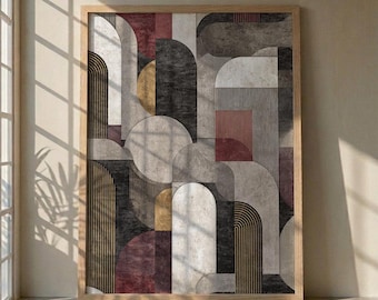 Moderne Abstrakte Geometrische Wandkunst, Bauhaus Stil Poster, Mid Century Minimalistischer Druck, Terrakotta und Gold Retro Formen Wanddekoration