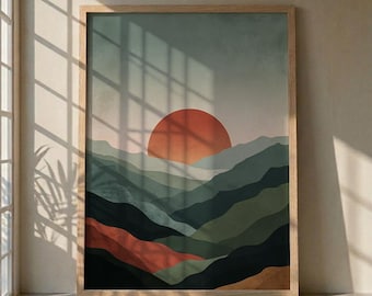 Abstrakter Berg Sonnenuntergang Kunst, Boho Landschaft Plakat, salbeigrüne Wanddekoration, moderne Natur