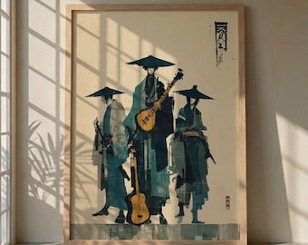 Japandi Wand Kunst, Japanische Samurai Musiker Druck, Zen Wohnkultur, Minimalistische asiatische Musik Poster, Blau und Gold Kunst, Orientalische Wanddekoration