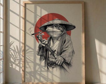 Samurai Frosch Kunstdruck, Japanische Kröte Wandkunst, rauchender Frosch Poster, Zen Tier Illustration, rote Sonne Japan Dekor, minimalistische Krieger Kunst