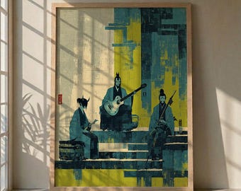 Japandi Wandkunst, Japanische Musiker Poster, Moderne Samurai Kunstdruck, Zen Wohnkultur, Minimalistische Asiatische Musikkunst, Blau und Gelb Poster