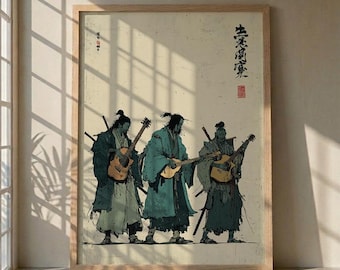 Japandi Wandkunst, Samurai-Musiker Poster, japanische minimalistische Kunst, Zen-Wohnkultur, abstrakte asiatische Musik, blaue und türkise orientalische Kunst