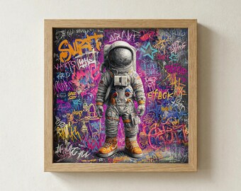 Graffiti Astronaut Poster, Urban Street Art Print, moderne bunte Pop Art, Astronaut Wandkunst, Hip Hop Dekor, Weltraum Leinwand, Spielraum Kunst