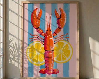 Hummer und Zitrone, Küstenküche Poster, rosa gestreifte Wandkunst, lustige Meeresküche Illustration