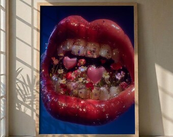 Surreale Lippen Wandkunst, Blumen Mund Poster, Rosa Herz Kristall Dekor, Ästhetischer Y2K Druck, Moderne Pop Art, Ästhetische Blumen Kunst, Skurrile Dekoration