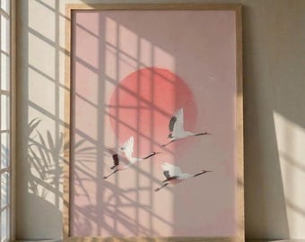 Japanischer Kranich Kunstdruck, Roter Sonnen Vogel Poster, Minimalistisches Zen Wanddekor, Orientalische Natur Wandkunst, Wabi Sabi Wohndeko, Einzigartige Geschenkidee