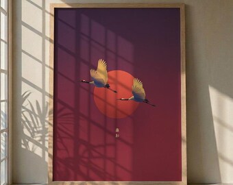 Japanischer Kranich Wandkunst, Zen Sun Poster, Minimalistischer Roter Kronenkran Druck, Asiatische Natur Kunst, Rote Sonne Japan Dekor, Orientalischer Vogel Poster