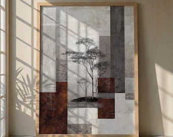 Moderne abstrakte Baum Wandkunst, minimalistische geometrische Natur Poster, Erdton Scandi Wanddekoration, zeitgenössische Zen Malerei, einzigartiges Geschenk